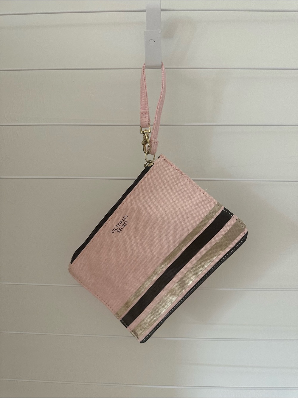 Victoria's Secret Pink and Gold Wristlet Clutch with Black Stripes